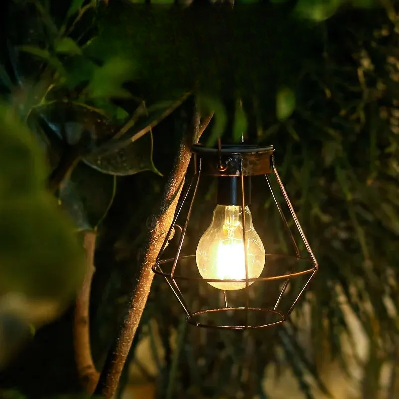 Rustic Solar Hanging Lantern with Vintage Cage Design